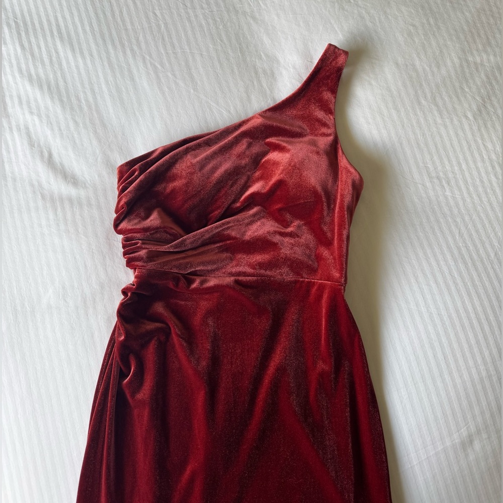 Azazie Argan Velvet Dress - Terracotta Mermaid One Shoulder Pleated